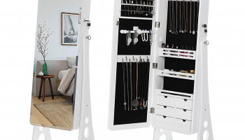 Cyber Monday: 8 LEDs Jewelry Cabinet with Bevel Edge Mirror Lockable Standing Armoire Organizer