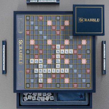 Scrabble Navy Luxe Edition with Rotating Wooden Game Cabinet