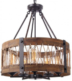 Anmytek Round Wooden Chandelier with Clear Glass Shade Rope