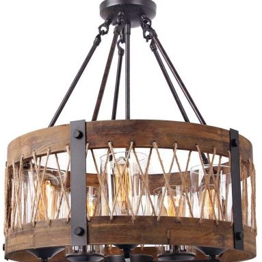 Anmytek Round Wooden Chandelier with Clear Glass Shade Rope