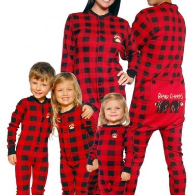 Bear Cheeks Lazy One Adult Red Black Plaid Flapjack Family Matching Pajamas