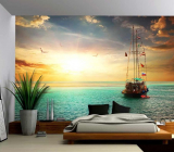 Beautiful Sunset over Yacht in the Sea – Removable Wall Mural