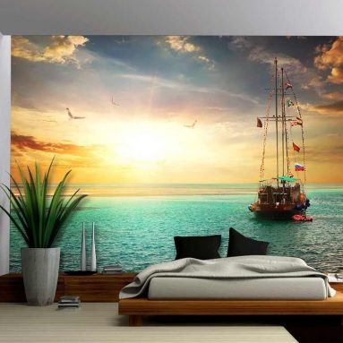 Beautiful Sunset over Yacht in the Sea – Removable Wall Mural