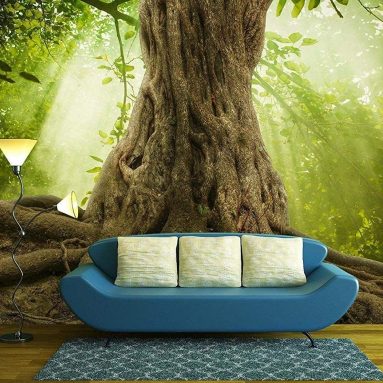 Big Tree Roots and Sunshine in a Green Forest – Removable Wall Mural