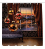 Christmas Balls Hanging front of Window View Snowy Street Holiday Season House Decor
