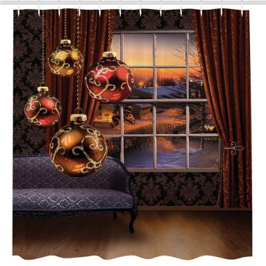 Christmas Balls Hanging front of Window View Snowy Street Holiday Season House Decor