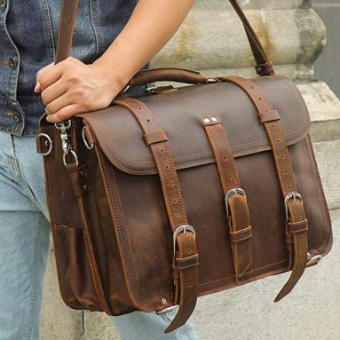 Men’s Full Grain Leather 16” Briefcase Shoulder Messenger Bag Fit 15.6” Laptop