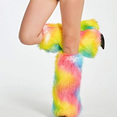 Furry Leg Warmer Fluffies Spandex Elastic Cuff Faux Fur Tie Dye Rainbow Color