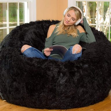Comfy Sacks 6 ft Memory Foam Bean Bag Chair, Black Furry