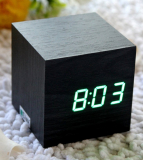 Cube Mini Black Skin Green LED Wooden Digital Alarm Clock