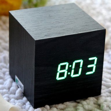 Cube Mini Black Skin Green LED Wooden Digital Alarm Clock