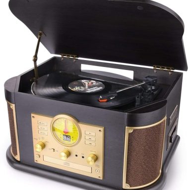 D&L Vintage Record Player Wood 7-in-1 Bluetooth Phonograph Built-in Stereo Speakers