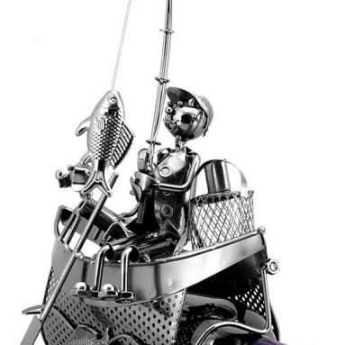 Fisherman on Boat with Dog Polished Metal Wine Caddy Bottle Holder
