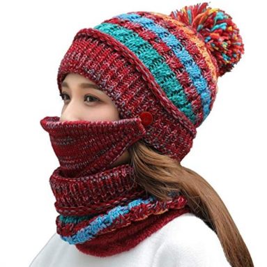 Fleece Lined Women Knit Beanie Scarf Mouth Mask Set for Girl Winter Ski Hat