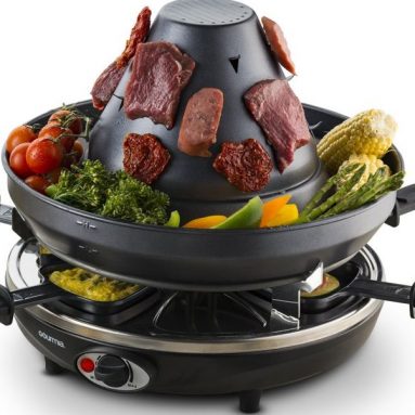Gourmia Electric Raclette Party Grill With Vertical Grilling Sombrero & 6 Cheese Melting Trays