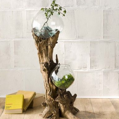 Hand Blown Glass Bowls and Driftwood Art Sculpture