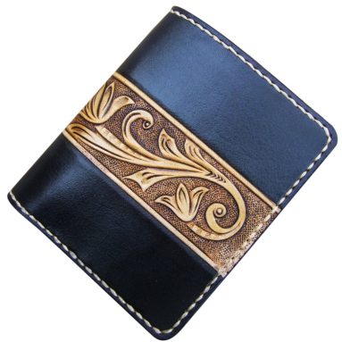 Handmade Leather Craft Wallet Black Carved with Ivory Tang Dynasty flower Design