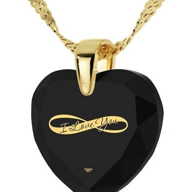 Heart Necklace 24k Gold Inscribed I Love You and Infinity Symbol on Cubic Zirconia