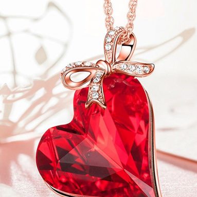 Heart Pendant Necklace with Bow Design Made with Swarovski Crystals