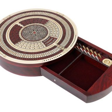 House of Cribbage – 10″ Round Shape 4 Tracks Continuous Cribbage Board Maple / Bloodwood