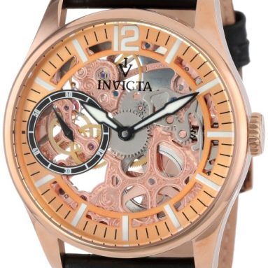 Invicta Mens Gold Tone Dial Black Leather Watch