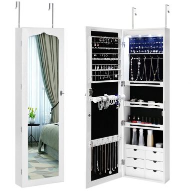 LED Jewelry Cabinet Armoire 6 Drawers Lockable Wall Door Mounted