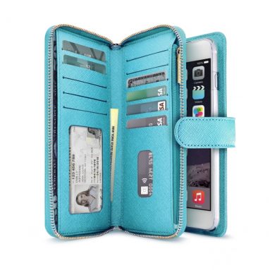 Leather Wallet Case (5.5) with Zipper & Button Closure