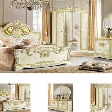 Leonardo Queen Size Bedroom Set in Ivory Lacquer Finish