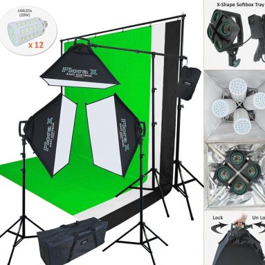 Linco Lincostore Photo Studio Lighting Kit With 3 Color Muslin Backdrop Stand Photography Flora X Fluorescent 4-Socket Light Bank and Auto Pop-Up Softbox