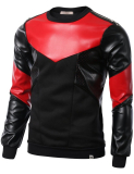 Mens Hipster Hip-Hop Black & Red Leather Fleece Sweatshirt with Zipper