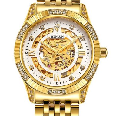 Men’s Luxury 18K Gold Tone Stainless Steel Skeleton Automatic Turbillon Watch