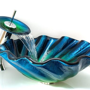 Glass Seashell Wave Vessel Sink&Waterfall Mixer Faucet