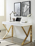 Modern Office Desk With Metallic Legs in White Gold