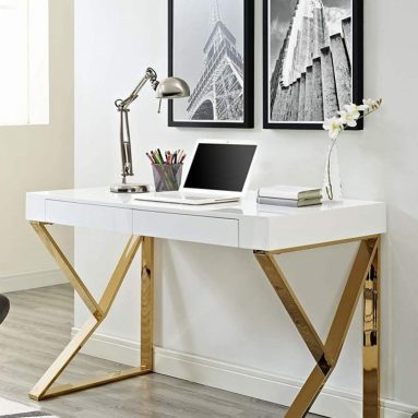 Modern Office Desk With Metallic Legs in White Gold