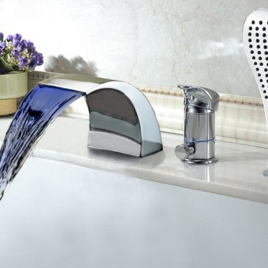 Modern Multi-color LED Widespread Waterfall Tubfaucet with Hand Shower