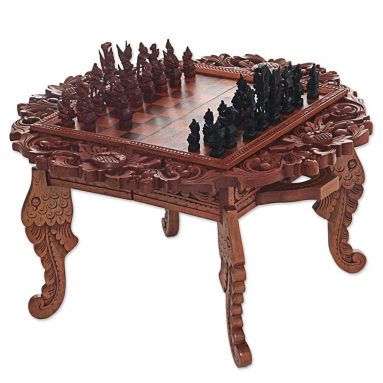 NOVICA Ramayana Garland’ Wood Chess Set