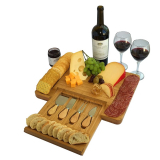 Natural Bamboo Cheese Board and Cutlery Set with Slide-out Drawer