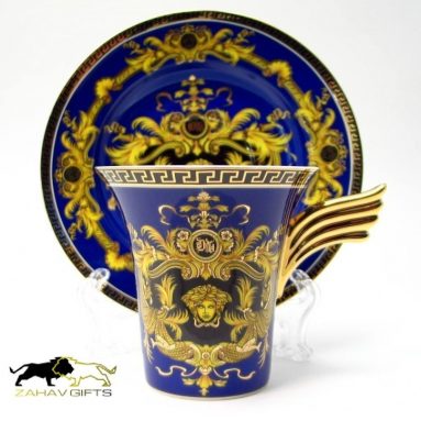 Porcelain Set of 12 Gold & Blue Teaware Espresso Cups