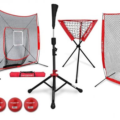 PowerNet DLX Baseball Softball Net w Strike Zone, Training Ball, I-Screen, Travel Tee, and Ball Caddy