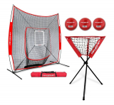 PowerNet DLX Baseball Softball 7×7 Practice Net Bundle wStrike Zone, Ball Caddy + 3 Training Balls