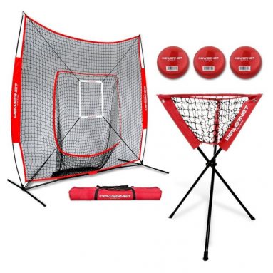 PowerNet DLX Baseball Softball 7×7 Practice Net Bundle wStrike Zone, Ball Caddy + 3 Training Balls