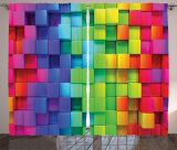 Rainbow Colored Contour Display Futuristic Block Brick Curtains