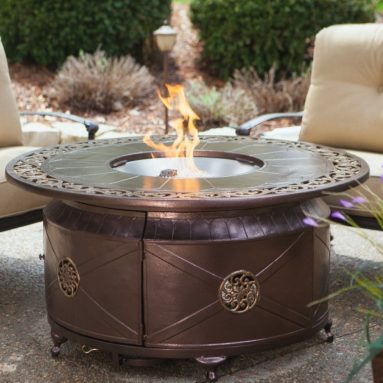 Round Propane Fire Pit Table with Decorative Scroll