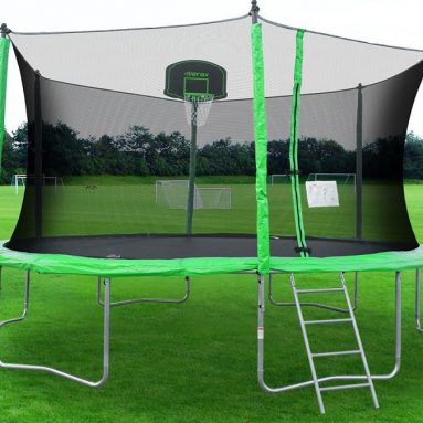 Round Trampoline with Safety Enclosure, Basketball Hoop and Ladder