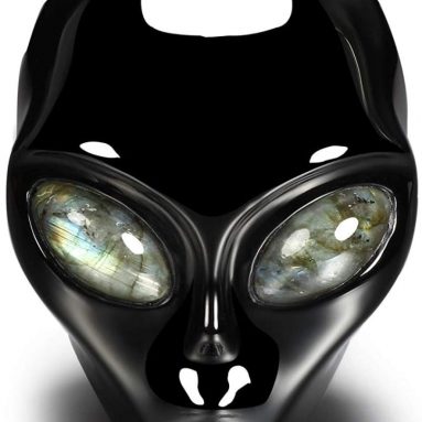 Skullis 4.0″ Black Obsidian Crystal Alien Skull with Labradorite Eyes