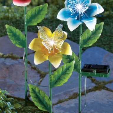 Solar Lighted Flowers with Butterflies Garden Stakes Set