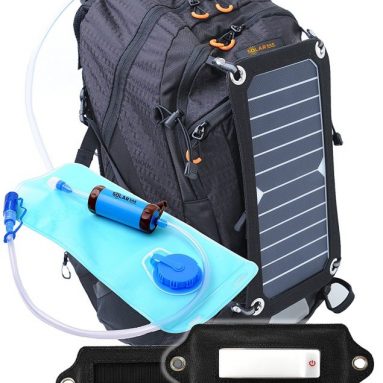 SolarSak water filtering solar hydration backpack with LED attachment