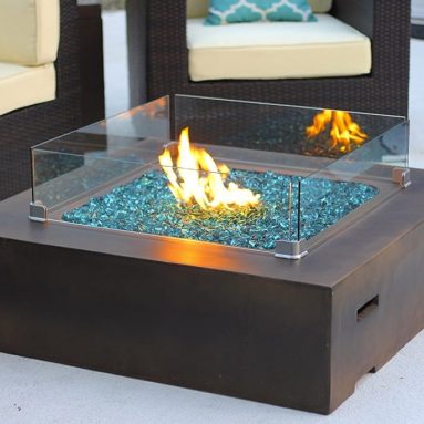 Square Modern Concrete Fire Pit Table w/ Glass Guard and Crystals