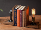 Steampunk bookend table pipe lamp with Classic Edison bulb and oak wood base