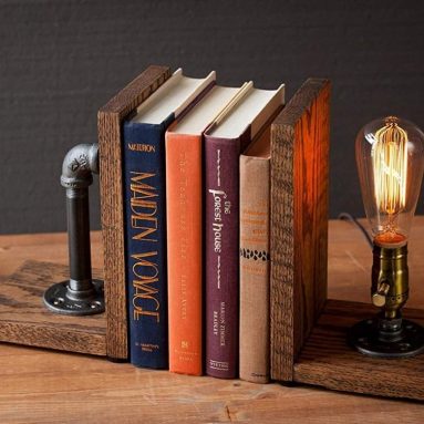 Steampunk bookend table pipe lamp with Classic Edison bulb and oak wood base